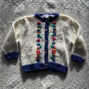 Vintage Hand Knit Floral Embroidered Cardigan 3T